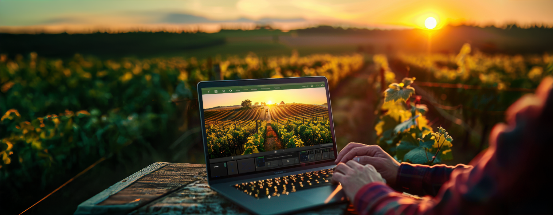 banniere_tarif personne utilisant un ordinateur portable dans les vignes